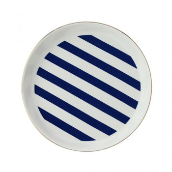 Stripes Navy Blue Edged Dessert Plates, Set of 4