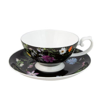 Summer Meadow Black Cups with Saucers, Set of 4