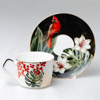Tropical Cardinal Coffee cup Saucer, Set of 4