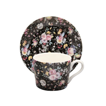 Victoria Black Rose Coffee Cups and Saucers, Set of 4