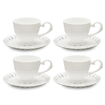 White Heirloom Tea Cups and Saucers Set, Set of 4