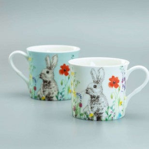 White and Blue Bunny Bone China Mugs, Set of 4