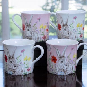 White and Pink Bunny Bone China Mugs, Set of 4