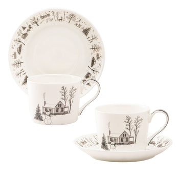Wonderland Black Christmas Snowman Bone China Cup Saucer, Set of 4