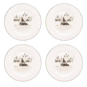 Wonderland Black Christmas Tree/Car Bone China Dessert Plates, Set of 4