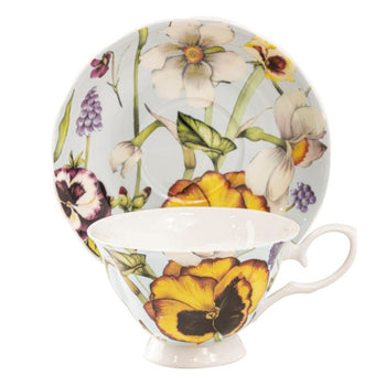 Yellow Pansy Blue Bone China Teacups and Saucers, Set of 4