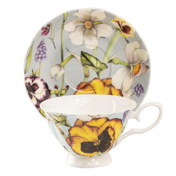 Yellow Pansy Grey Bone China Teacups and Saucers, Set of 4