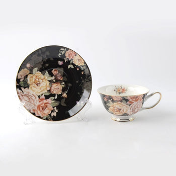 Yellow Rose with Black Background Scallop Cup Saucer Set, Set of 4