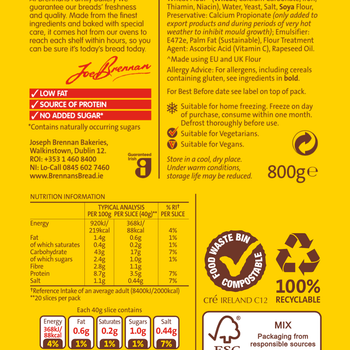 Brennans Premium Irish White Sliced Bread. 800g/1lb12oz. Ship weight 1.5 lbs (1 loaf per order)