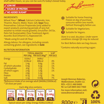 Brennans Family Toast Pan Bread 800g - 1.5lb Ship Weight - Limit 1 Per Order