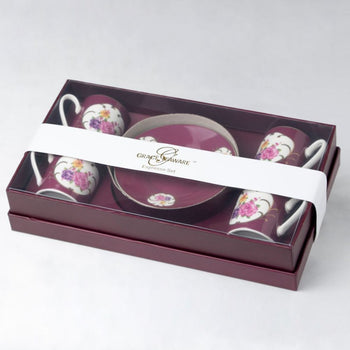 Burgandy Rose Espresso Cups and Saucers, Set of 4 Boxed