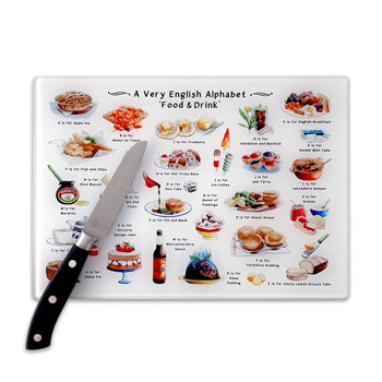 Yeti Cards & Gifts - A Very English Alphabet 'Food & Drink' Glass Cutting Board