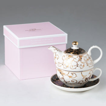 Black/Gold Scroll 4 Piece Tea for One Gift Boxed