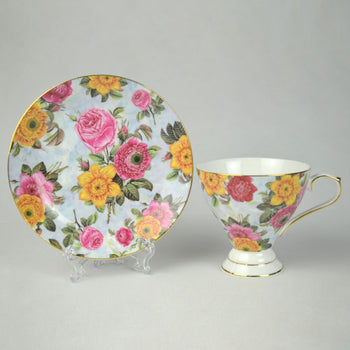 Vintage Pink Yellow Pedestal Tea Cup Saucer Set, Set of 4