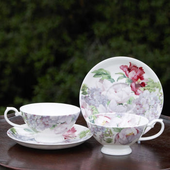 Bone China Peony Bloom White Tea/coffee Cups and Saucers, Set of 4
