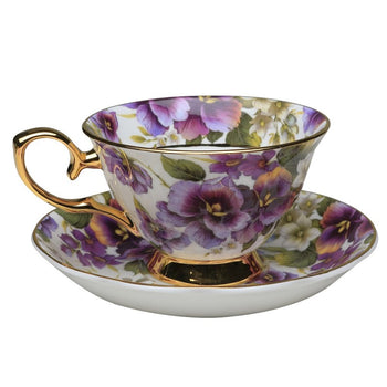 Pansy Gold Tea Cup and Saucer, Single Set