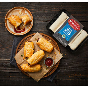 Donnelly's Sausage (Banger) Rolls - 4 Pack, Chunky 5" Sausage Rolls in puff pastry. 1lb/454g. Ship weight 1 lb