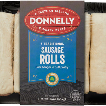 Donnelly's Sausage (Banger) Rolls - 4 Pack, Chunky 5" Sausage Rolls in puff pastry. 1lb/454g. Ship weight 1 lb