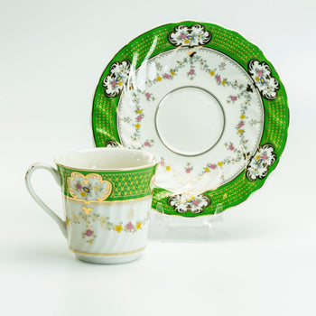 Green Gold Swag Tea Cup Saucer. Set of 2