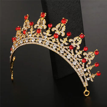 Gold Plated Tiara with Red and Clear Rhinestones