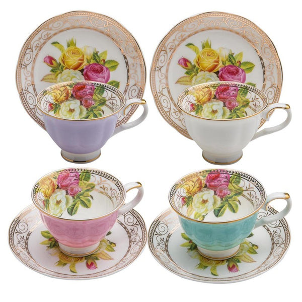 4 Assorted Colors Rose Bouquet Demi Cup Saucer, Set of 4. Boxed