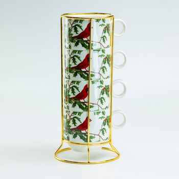 5 Piece Stackable Mugs Set. Christmas Cardinal