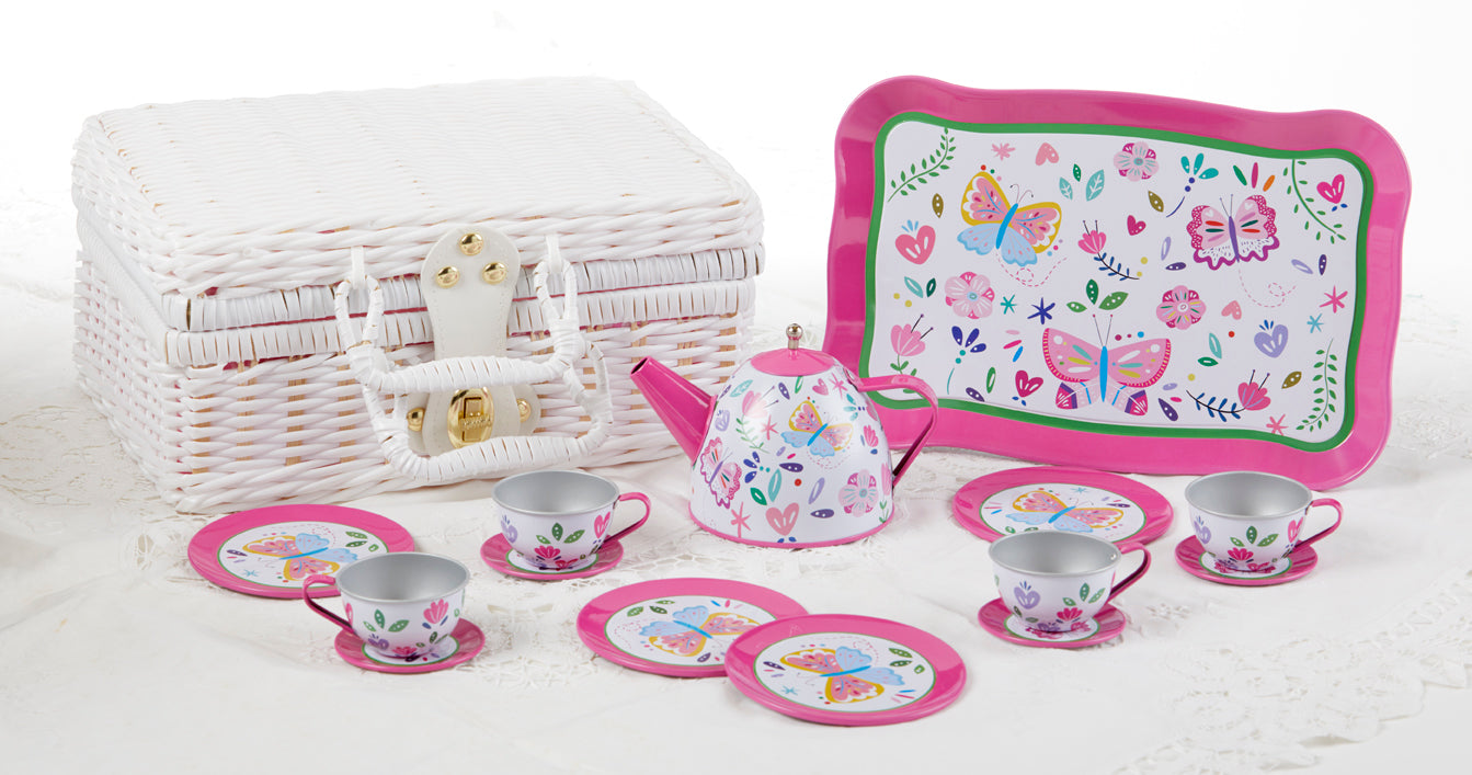 Kids Tin Tea Set 15 Pieces Tea Set in Basket, Butterfly