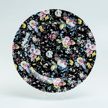 Delicate Rose-Printed Black Bone China Salad Plates, S/4