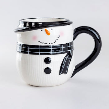 Black Snowman Ceramic Mugs with Hat, Set of 2