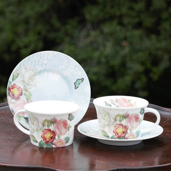 Botanical Blue Bone China Coffee Cups and Saucers, Set of 4