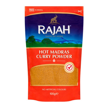 Rajah Hot Madras Curry Powder. 100g.  Product of the UK