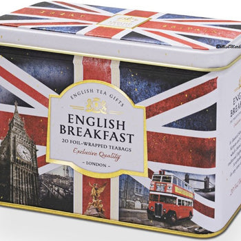 Ahmad London Union Jack Gift Tin with 20 Foil wrapped English Breakfast Tea bags.