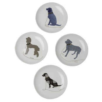 4 asst Gold Leash Black Dogs Appetize Plates, Set of 4