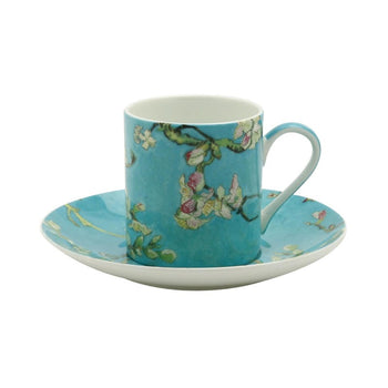 Cherry Blossom Blue Espresso Cups and Saucers, Set of 4