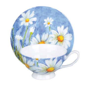Daisy w/Pastel Blue bone china Tea Cups and Saucers, Set of 4