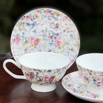 Cream Petite Rose Tea Cups and Saucers, Set of 4