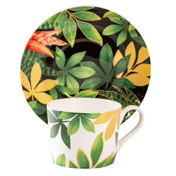 Green Gold Leaves Bone China Coffee Cups and Saucers, Set of 4