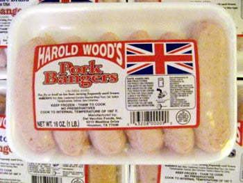 Harold Wood’s English Style Pork Bangers, 6-pack tray. 1 lb Ship weight