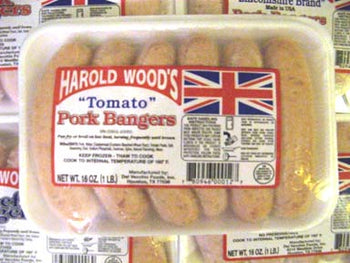 Harold Wood’s English Style Tomato Pork Bangers, 6 pack. 1 lb Ship weight