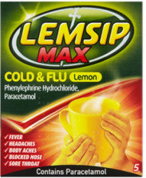 Lemsip Max Cold & Flu Lemon Flavour. Contains Paracetamol. 5 Sachets