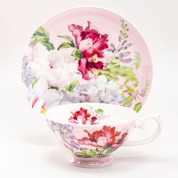 Bone China Peony Bloom Pink Tea/coffee Cups and Saucers, Set of 4