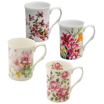 4 ASST Spring Floral Bone China Can Mugs, Set of 4