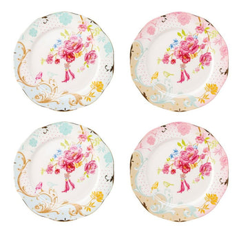 Pink/Blue Rose Dots Assorted Scallop Dessert Plates, Set of 4