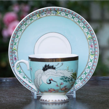 Crane Pine Tree Turq Tea Cup Saucer, Set of 2